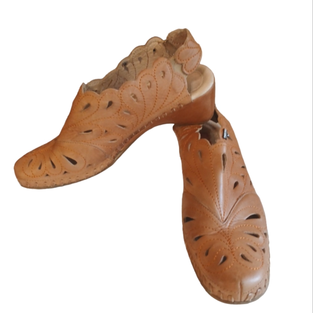 PIKOLINOS Laser Cut Brown Leather Cut Out Sling Back Sandals size 6